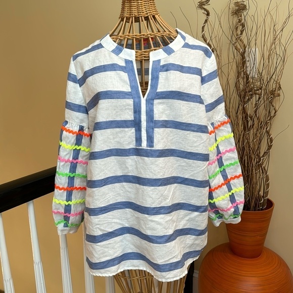 Vilagallo tunic top. White and blue stripes with different colored stripes arms - Picture 1 of 9